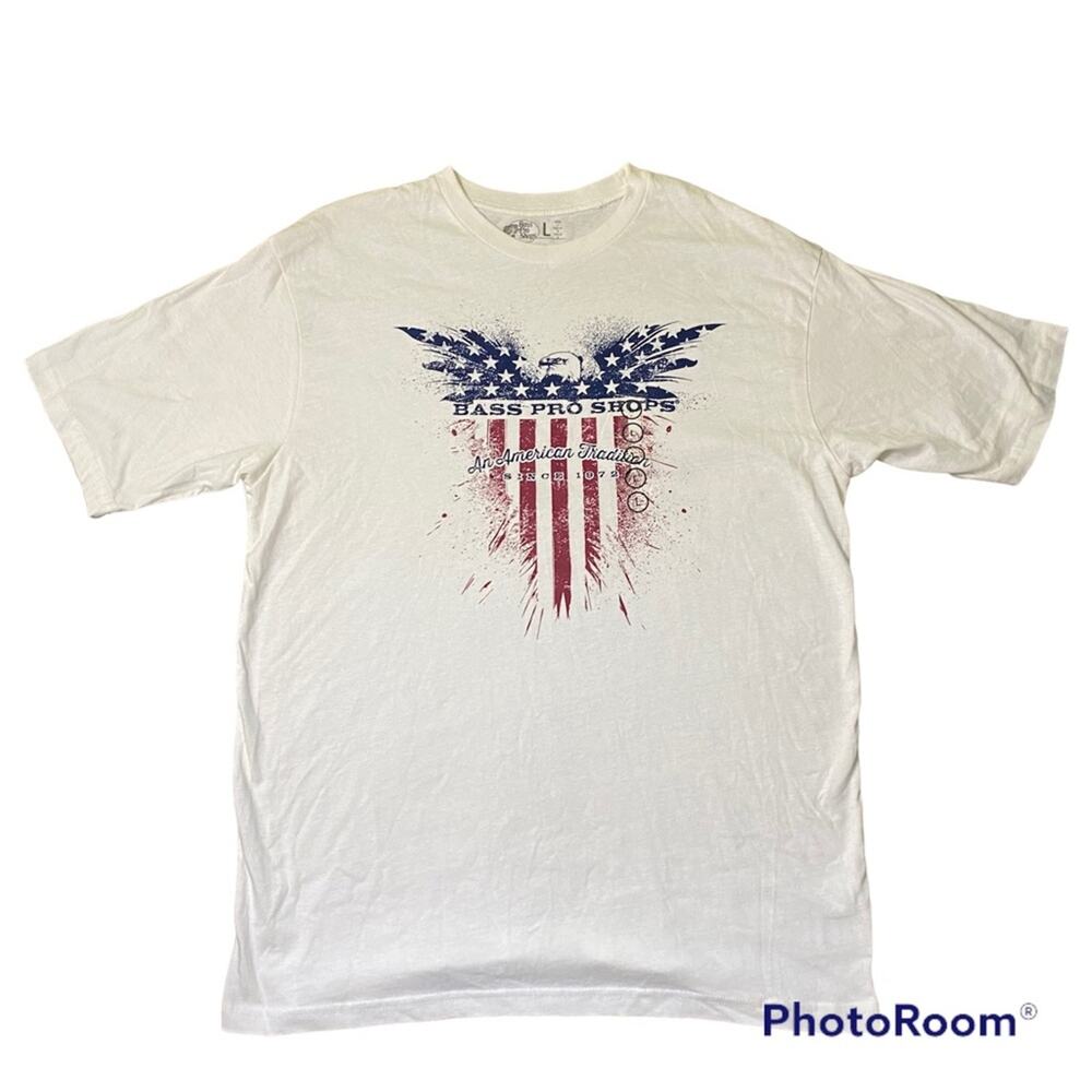Bass Pro Shops Delta Brand Men’s T-Shirt Gray Eagle Flag Fish Logo Size Large